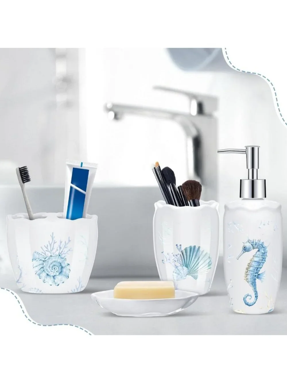 Ocean Animals Bathroom Set - 4 Pcs Beach Decor, Tumbler, Soap Dispenser & More